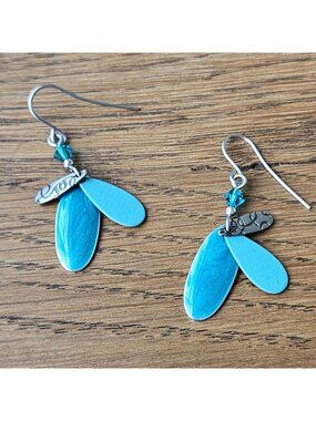 Blue Silver Layered hook Drop Earrings Embossed Enameled Charms Crystal Accents